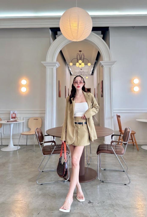 SIRINNN Solid Color Blazer With Skirts And Belt Set